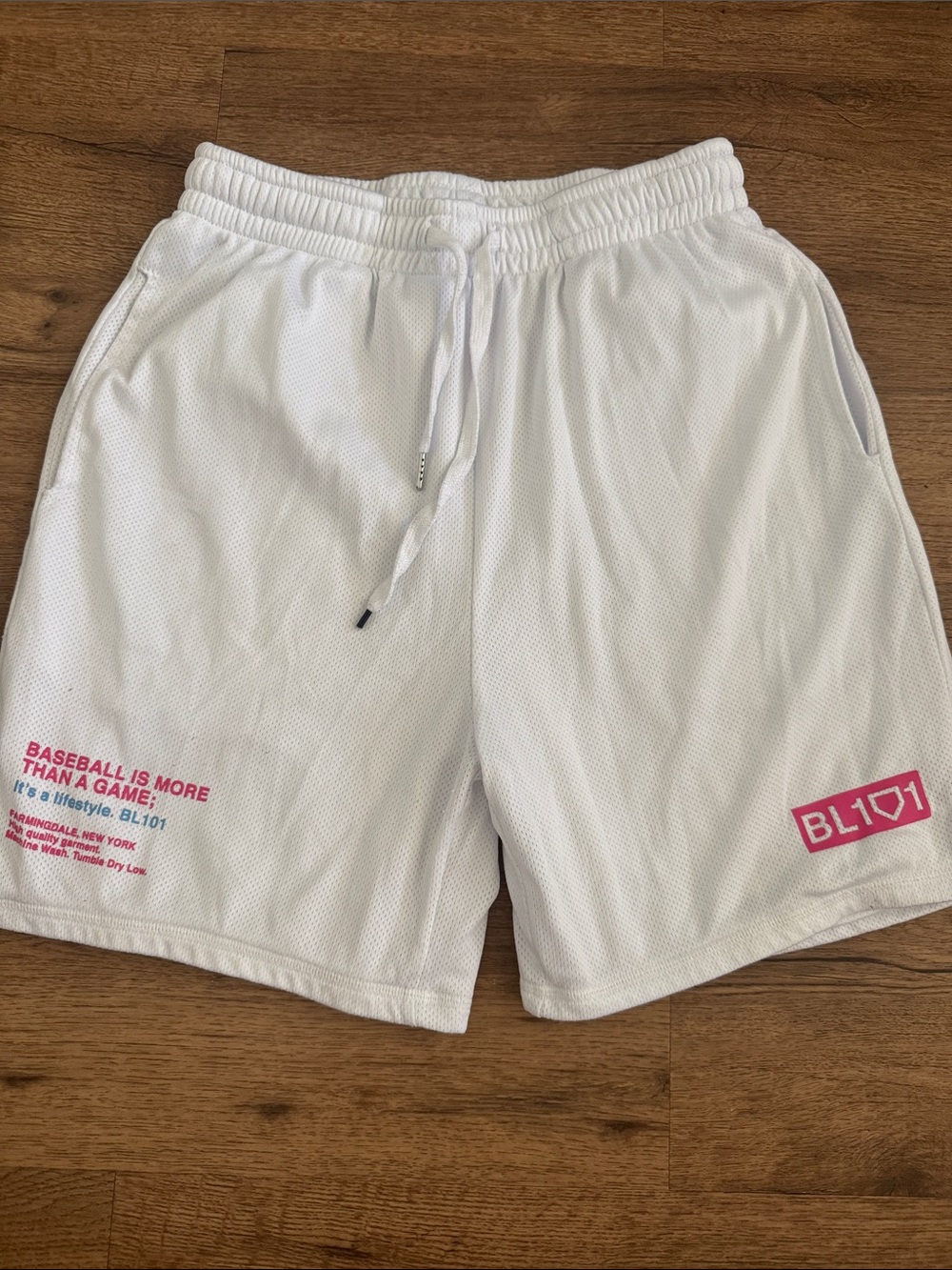 BL101 Men's White Athletic Mesh Shorts with Pink Logo Accents